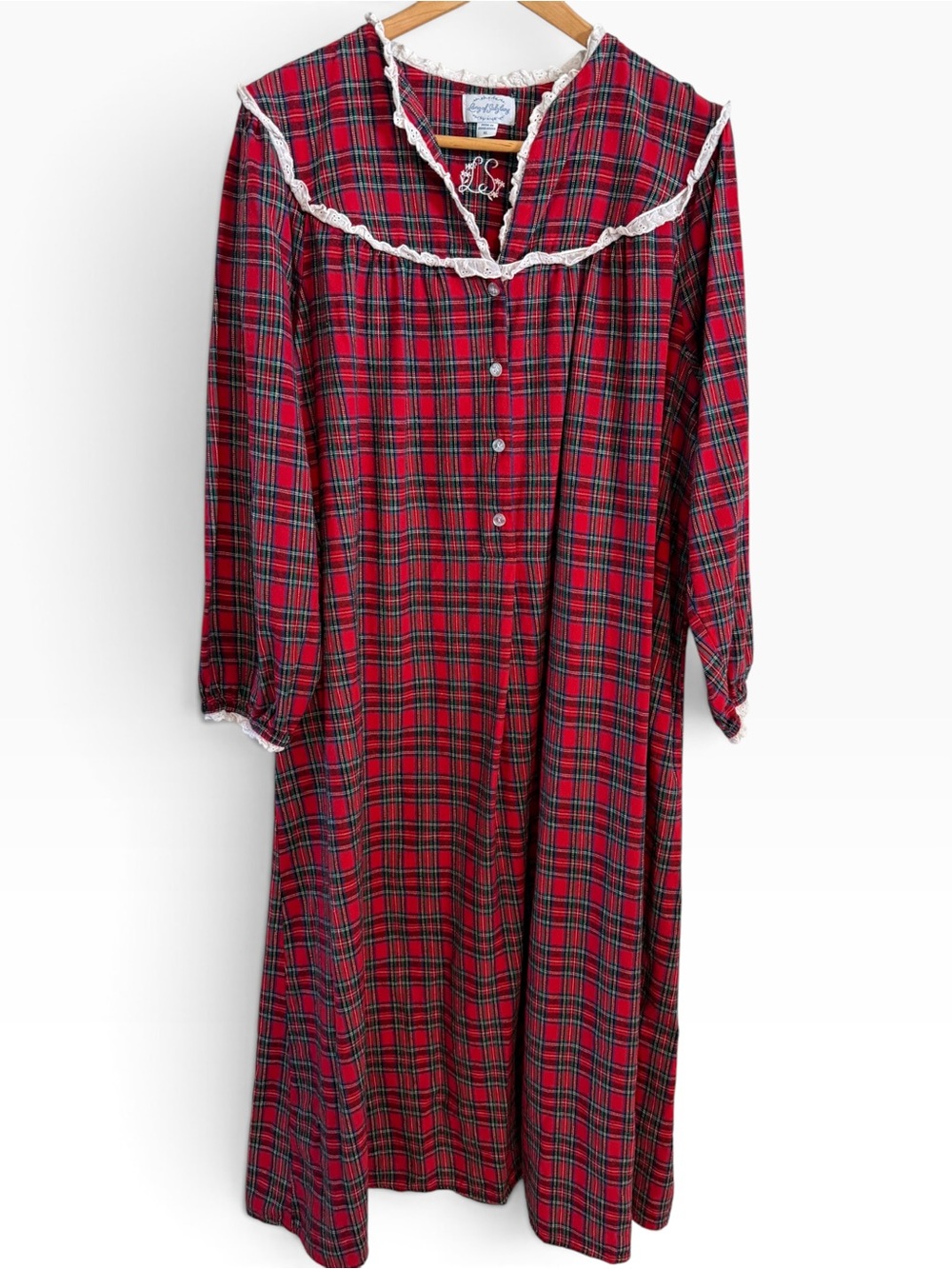 Lanz Of Salzburg Nightgown Pajamas Womens XL Red Plaid Lace Trim Flannel Cottage